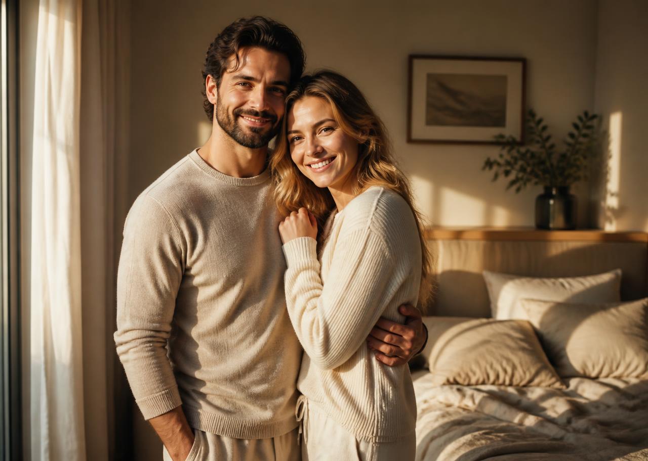 Happy couple embracing in a warm, sunlit bedroom